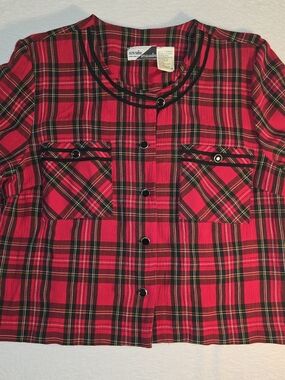 Vintage Sunshine Starshine Blazer Womens 12 Red Short Sleeve Black Buttons 90s